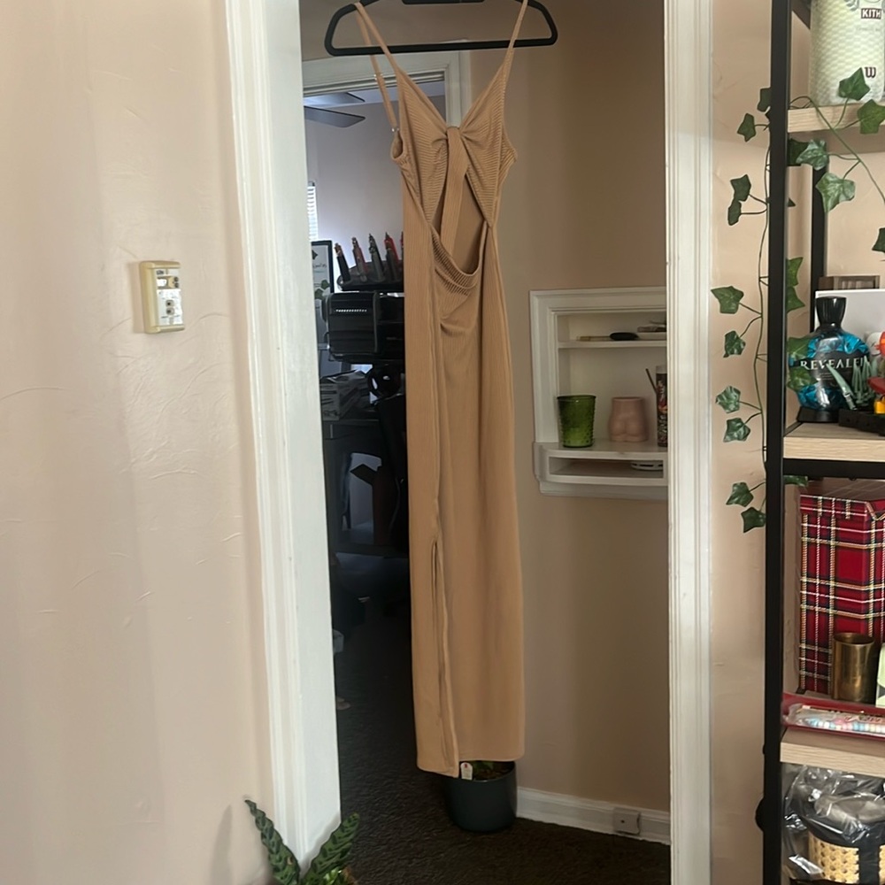 Beige Ribbed Cutout Maxi Dress